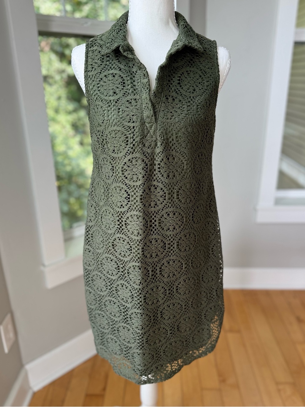 Vintage 90s Y2K Faded Glory Olive Green Lace Crochet Mini Dress Size Medium